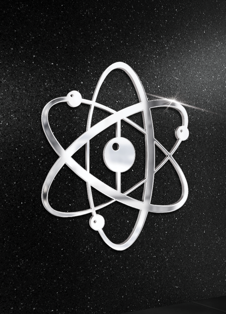 Symbol fizyka ze stali nierdzewnej na nagrobku, upamiętnienie naukowej pasji