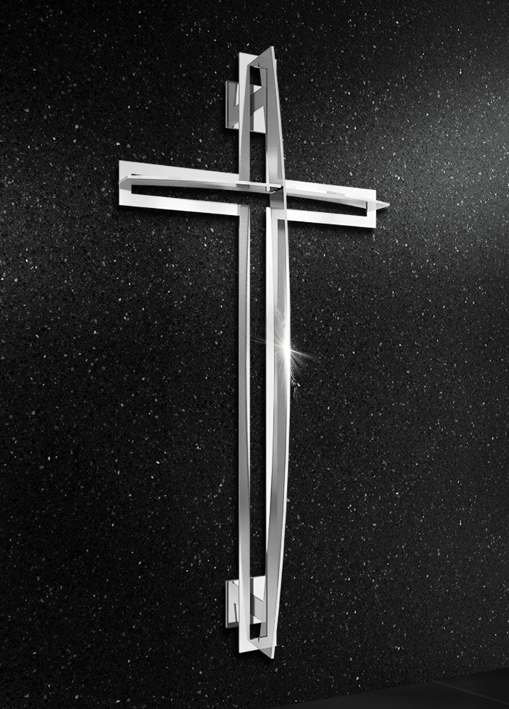 Pionowy krzyż wiszący z metalu, z trójwymiarowym efektem.