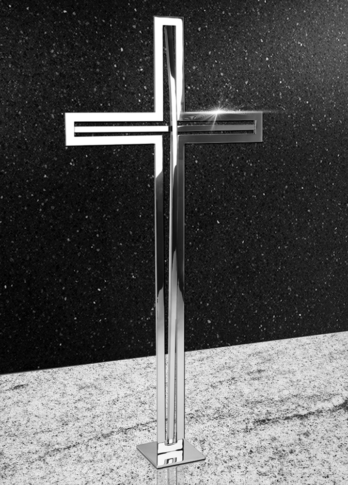 Stojący krzyż nagrobny z nowoczesnym designem na tle kosmicznym
