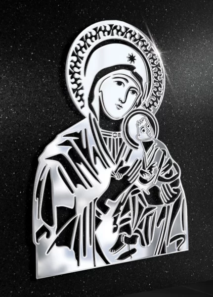 Srebrna ikona Matki Boskiej z Dzieciątkiem Jezus, z wizerunkiem w aureoli, na granitowym tle